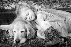 black and white with young girl and her dog