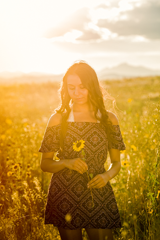 warn portrait of senior girl in a field holding a sunflower 