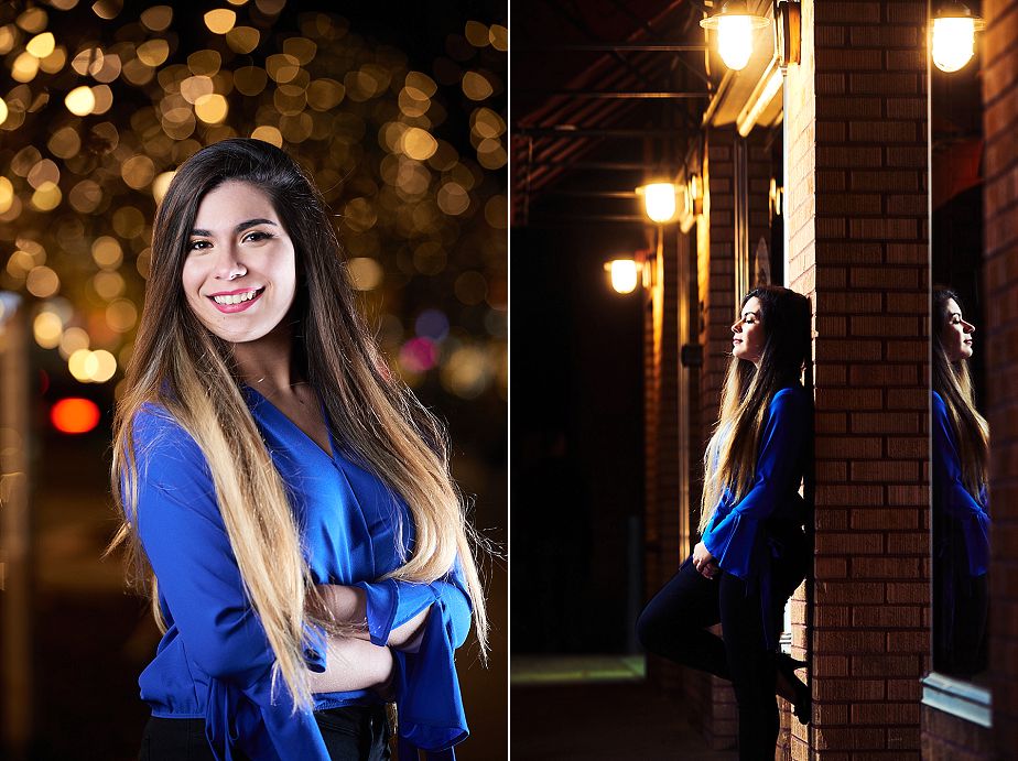 senior portraits at night in the streets of boulder